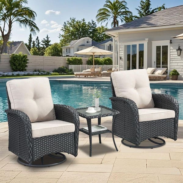 Rotavia 3-Piece Black Wicker Patio Conversation Set with Olefin Beige Cushions Outdoor Swivel Glider with Side Table
