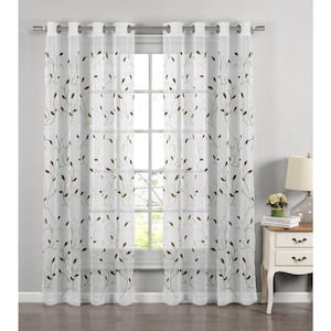 Wavy Leaves Sage Green Polyester Faux Linen 54 in. W x 63 in. L Embroidered Grommet Sheer Curtain (Single Panel)
