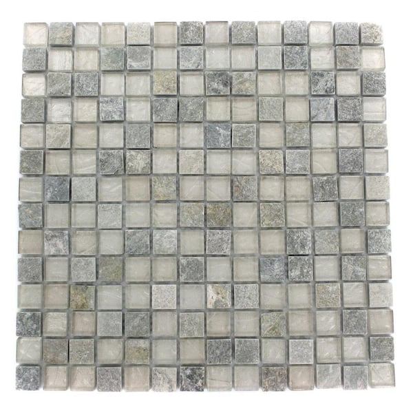 Ivy Hill Tile Tectonic Squares Green Quartz Slate and White 12 in. x 12 in. x 8 mm Glass Mosaic Floor and Wall Tile