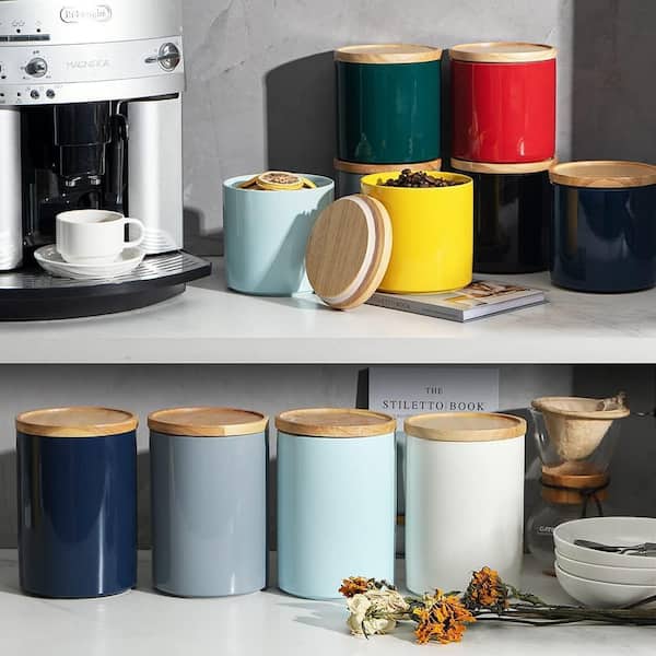 Anqtovp Kitchen Canisters Ceramic Food Storage Jar, Stackable Containers with Airtight Seal Wooden Lid for Serving Coffee Bean
