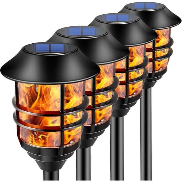 4-Pack Solar Outdoor Lights, Solar Torches with Flickering Flame Waterproof Stainless Steel, Pathway Lights Auto On/Off