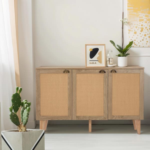 47.2 in. Natural Brown Wood-look Rattan Decor Accent Storage Cabinet with 3-Door