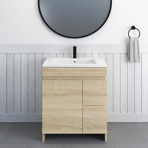 VOLPA USA AMERICAN CRAFTED VANITIES Mace 30 in. W x 20 in. D Single Sink Bathroom Vanity Right Side Drawers In White Oak With Acrylic Integrated Countertop