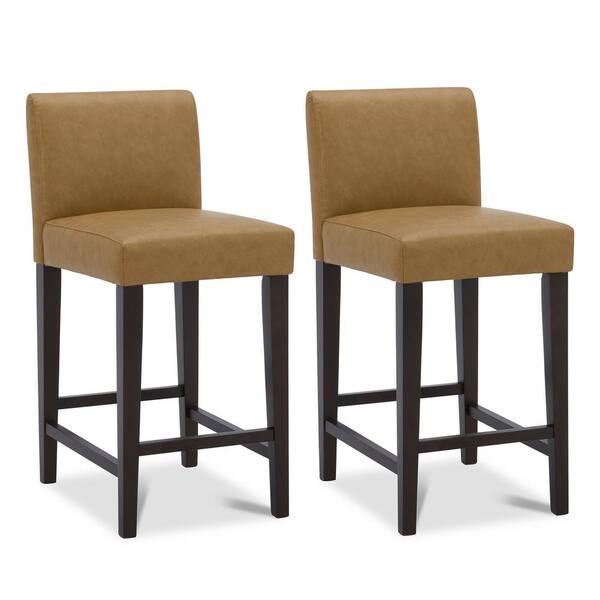 Spruce & Spring Pallas 24 in. Cognac High Back Wood Counter Stool with Faux Leather Seat (Set of 2)