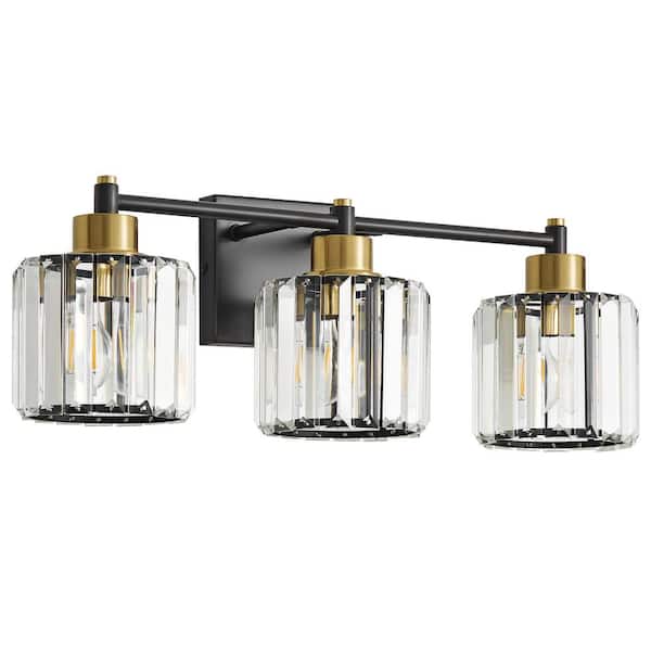 Deyidn Modern Luxury 22 in. 3-Light Black and Gold Dimmable Bathroom Vanity Light with Crystal Shades