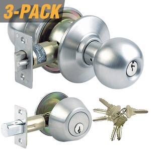 Stainless Steel Grade 3 Combo Lock Set with Entry Door Knob and Deadbolt, 18 SC1 Keys Total, (3-Pack, Keyed Alike)