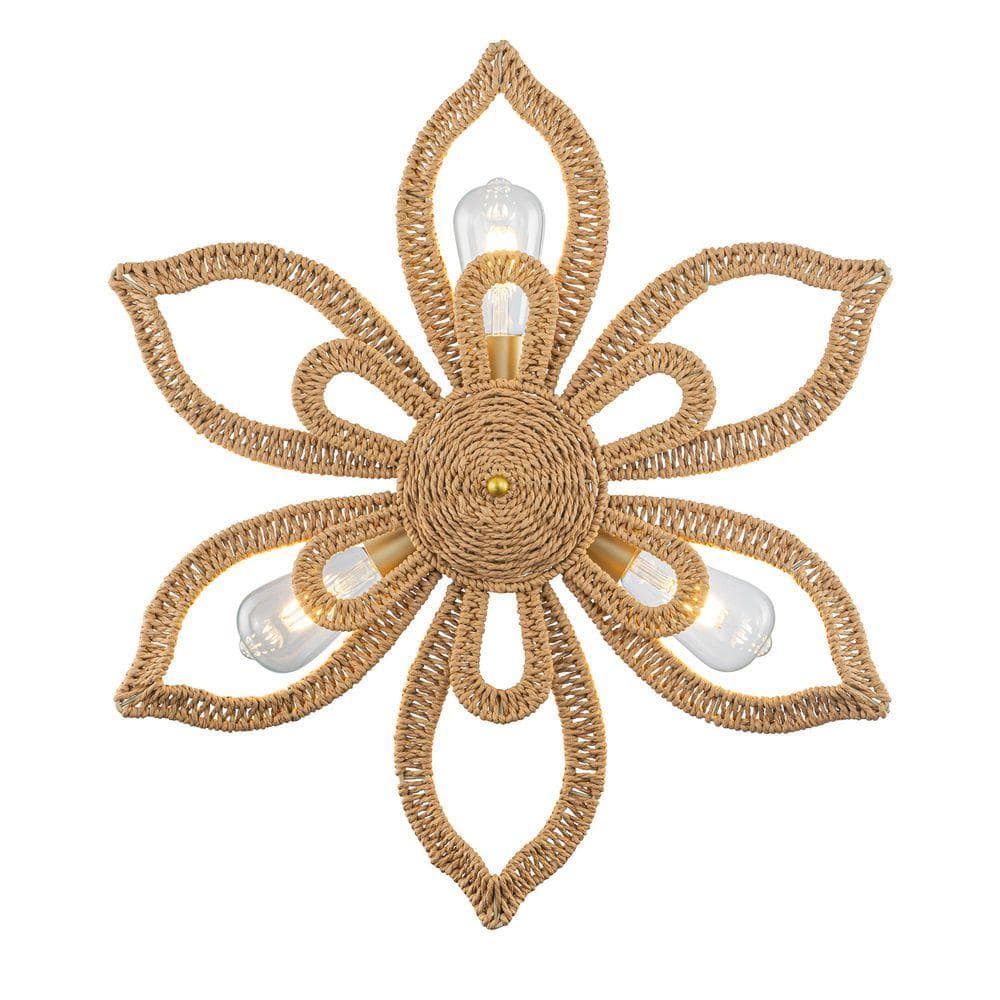 Daisy 24 In. 3-Light Natural Modern Coastal Rattan Wall Sconce Flower Rattan Wall Decor in Brass Finish