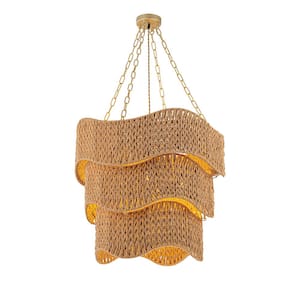 Mira 5-Light 3 Tiers Handwoven Coastal Chandelier in Brass Braided Woven Shade Farmhouse Ceiling Light Fixture