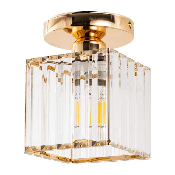 Briignite 5.5 In 1 Light Gold Square Crystal Semi Flush Mount with Crystal Shade