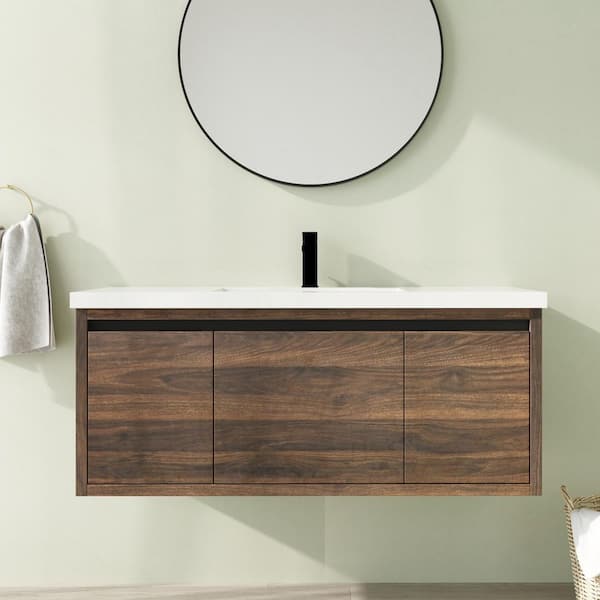 48 in. Wall-Mounted Single Brown Bath Vanity with White Resin Vanity Top Assembled