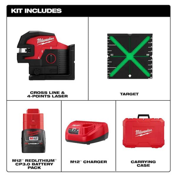 M12 12-Volt Lithium-Ion Cordless 125 ft. Green Cross Line and 4-Points Laser Level Kit Plus 4.0Ah Battery