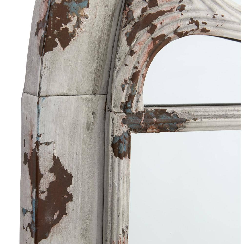 White Distressed Wood Arched Windowpane Wall Mirror
