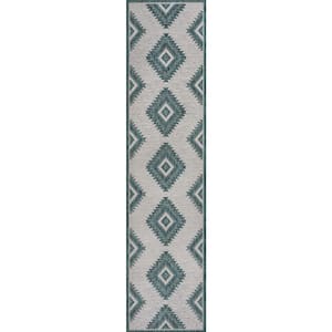 Lior Geometric Turquoise/Cream 2 ft. x 8 ft. Moroccan Diamond Indoor/Outdoor Runner Rug