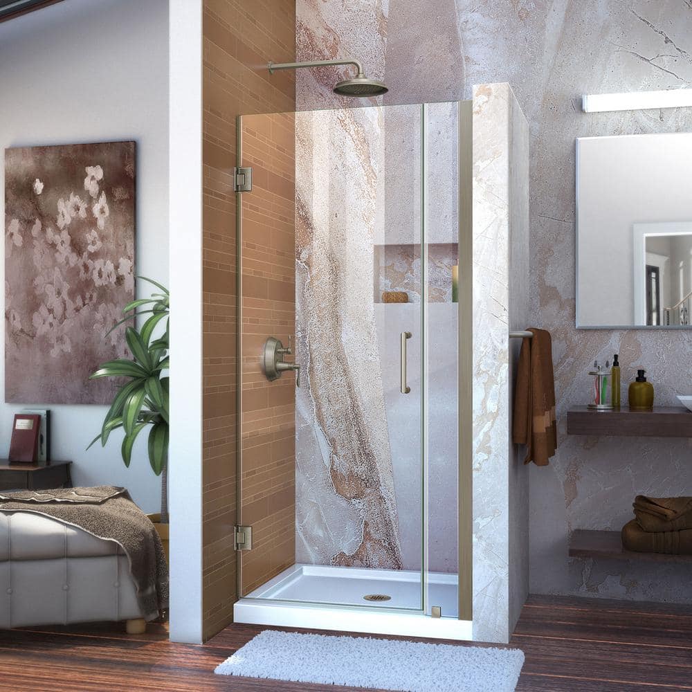 Unidoor Frameless Clear Glass Hinged Shower Door with Brushed Nickel Finish