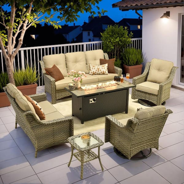 Tulip P 6-Piece Wicker Patio Fire Pit Conversation Set with Beige Cushions and Swivel Chairs