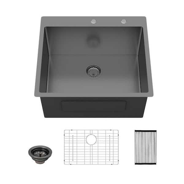 25 in. W x 22 in. D Drop-In Laundry/Utility Sink Gunmetal Black Single Bowl Stainless Steel with Basket Strainer