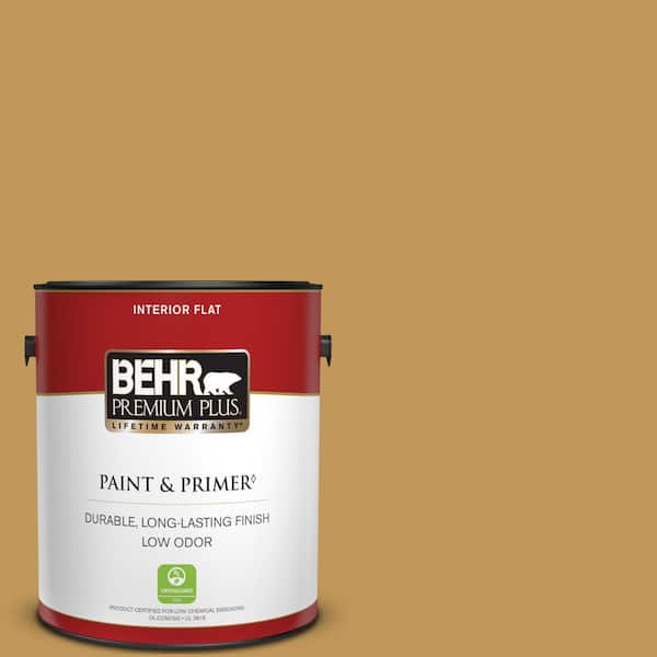 BEHR PREMIUM PLUS 1 gal. #330D-6 Townhouse Tan Flat Low Odor Interior Paint & Primer