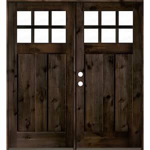 64 in. x 80 in. Craftsman Knotty Alder Right-Hand/Inswing Double 6-Lite Clear Glass Black Stain Wood Prehung Front Door