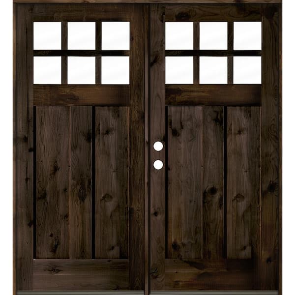72 in. x 80 in. Craftsman Knotty Alder Right Hand Active 6-Lite Clear Glass Wood Black Stain Double Prehung Front Door