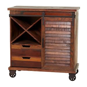 Brown Wood 2-Drawers, 4-Wine Shelves and 1-Door Cabinet with Wheels