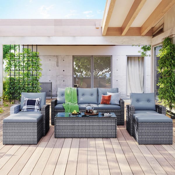 Oyezvary 6-Piece Wicker Patio Dining Conversation Set with Coffee Table and Removable Light Gray Cushions