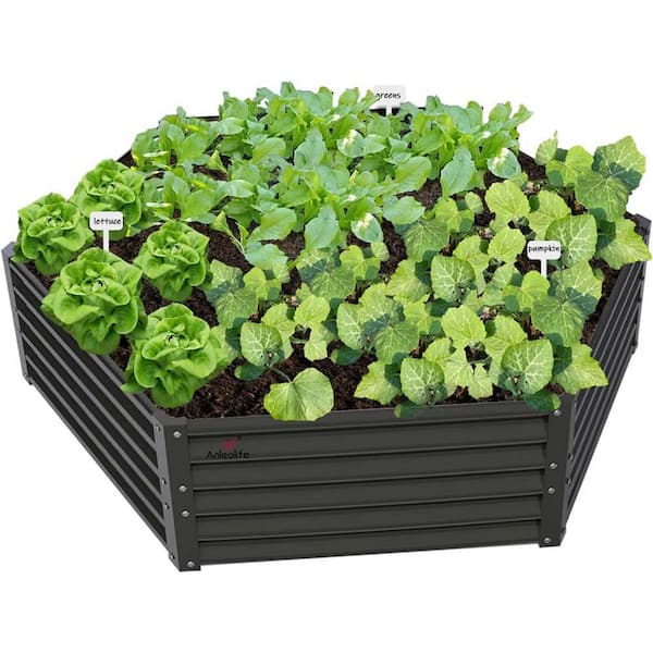 Gray Metal Hexagon Raised Garden Bed Planter Box for Planting Vegetables Flowers (70 in. L x 60 in. W x 18 in. H)