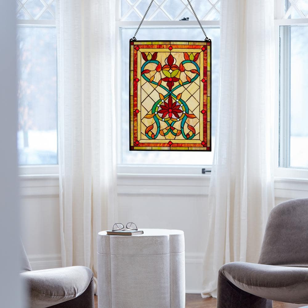 Fiery Hearts and Flowers Multicolor Stained Glass Window Panel