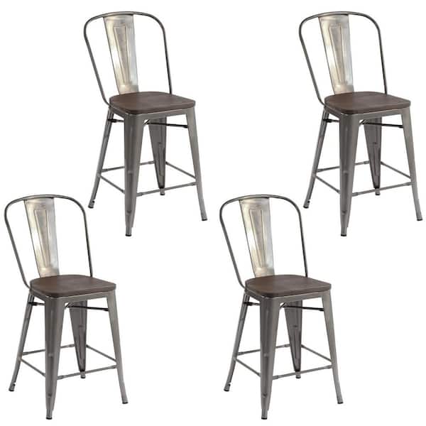 Homy Casa Thocar 39 in. Silver Slat High Back Metal Frame Counter Stool With Solid Wood ( Set of 4 )
