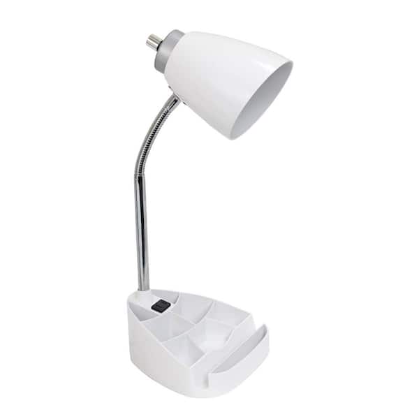 Simple Designs 18.5 in. Gooseneck Organizer Desk Lamp with Holder and Charging Outlet, White
