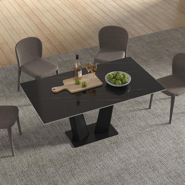 Monland Modern Rectangle Black Gold Lauren Stone Top 78.74in. Stainless Steel Black Titanium Double Pedestal DiningTable(10Seat)