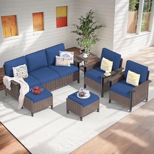 Nyajiah 6-Piece Wicker Patio Conversation Set with Blue Cushions