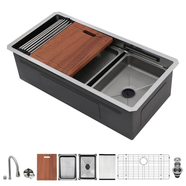 33 in. Undermount Waterfall Sink Single Bowl Brushed 16 Gauge Stainless Steel Workstation Kitchen Sink with Faucet