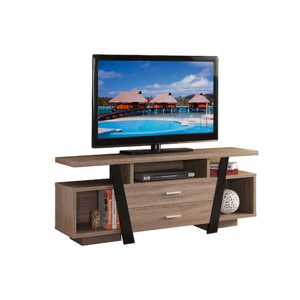Benjara 64 in. Black and Light Brown Wood TV Stand Fits TVs up to 58 in. with Storage Option