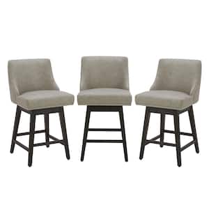 Martin 26 in. Stone Grey High Back Solid Wood Frame Swivel Counter Height Bar Stool with Faux Leather Seat(Set of 3)