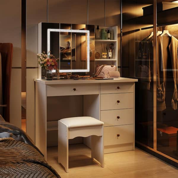 FUFU&GAGA 5-Drawers White Wood Makeup Vanity Sets Dressing Table Sets with  Big Mirror, Stool and 3-Tier Storage Shelves KF210141-02 - The Home Depot