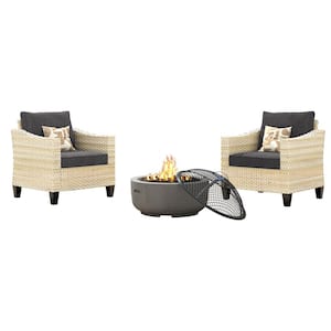 Oconee Beige 3-Piece Wood Fire Pit Seating Set with Black and Cushions Outdoor Patio Lounge Chair a Burning