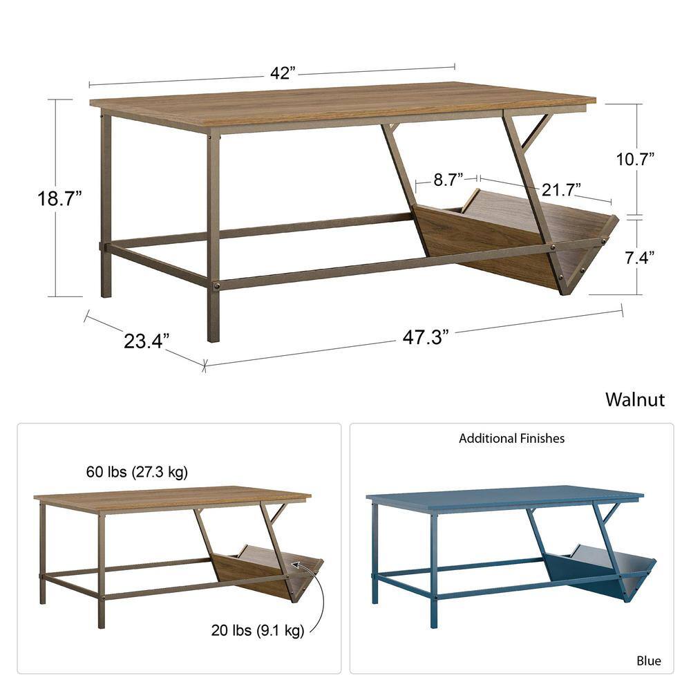 Regal Light Walnut Woodgrain Coffee Table with Bronze Metal Frame