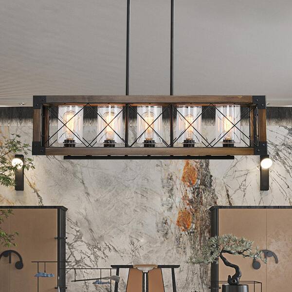 Magic Home 5-Light Black Color Candle Kitchen Island Linear Chandelier With Iron Shade