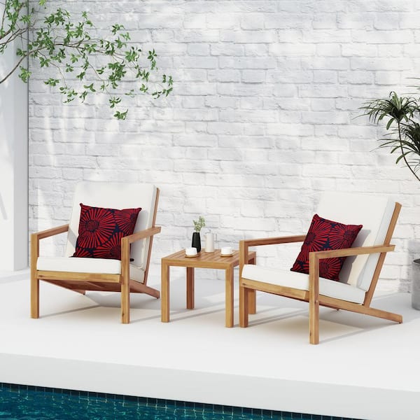 Sudzendf Brown 3-Piece Acacia Wood Outdoor Sectional Set, Patio Chat Set with Beige Water Resistant Cushions