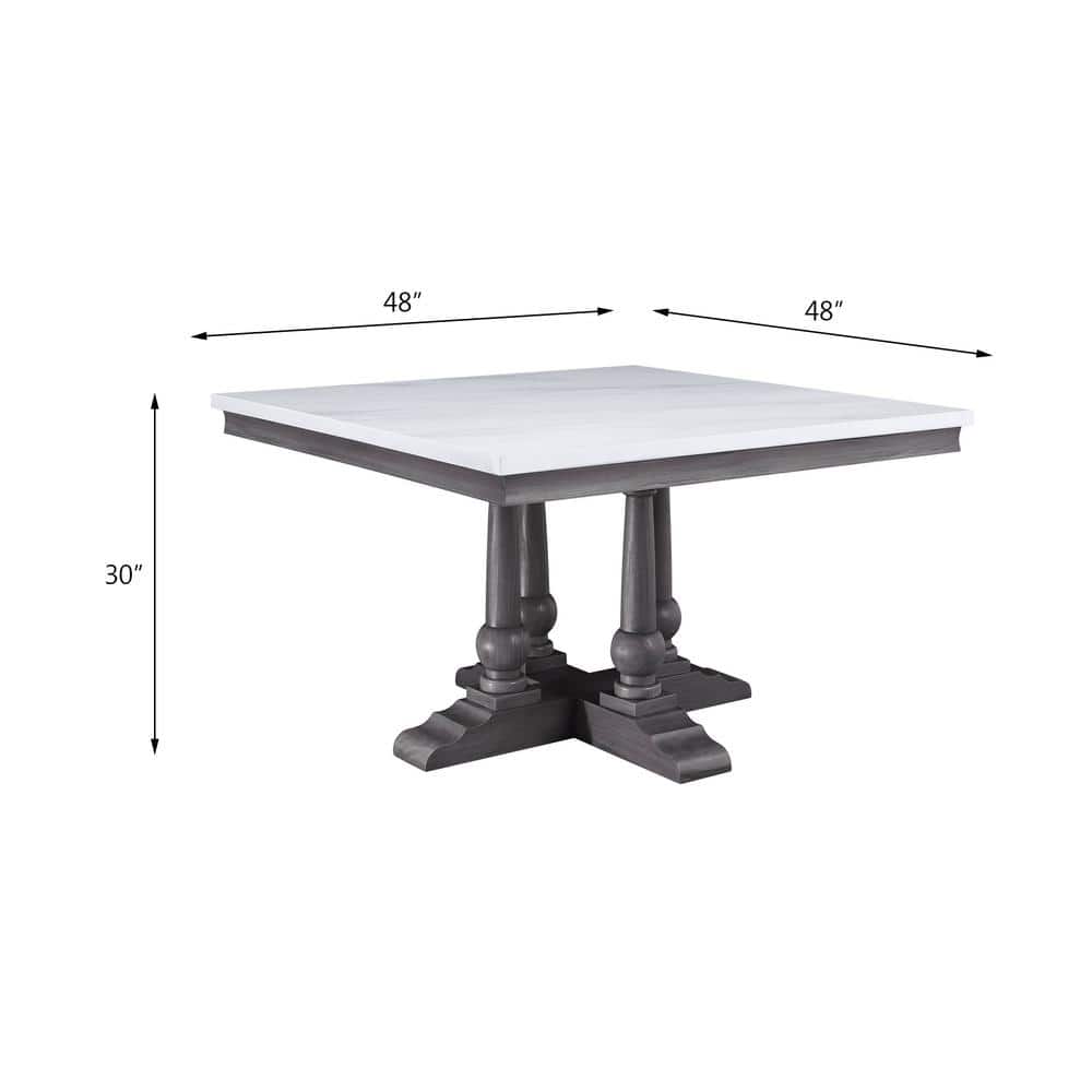Transitional Gray Oak and White Marble Square Dining Table