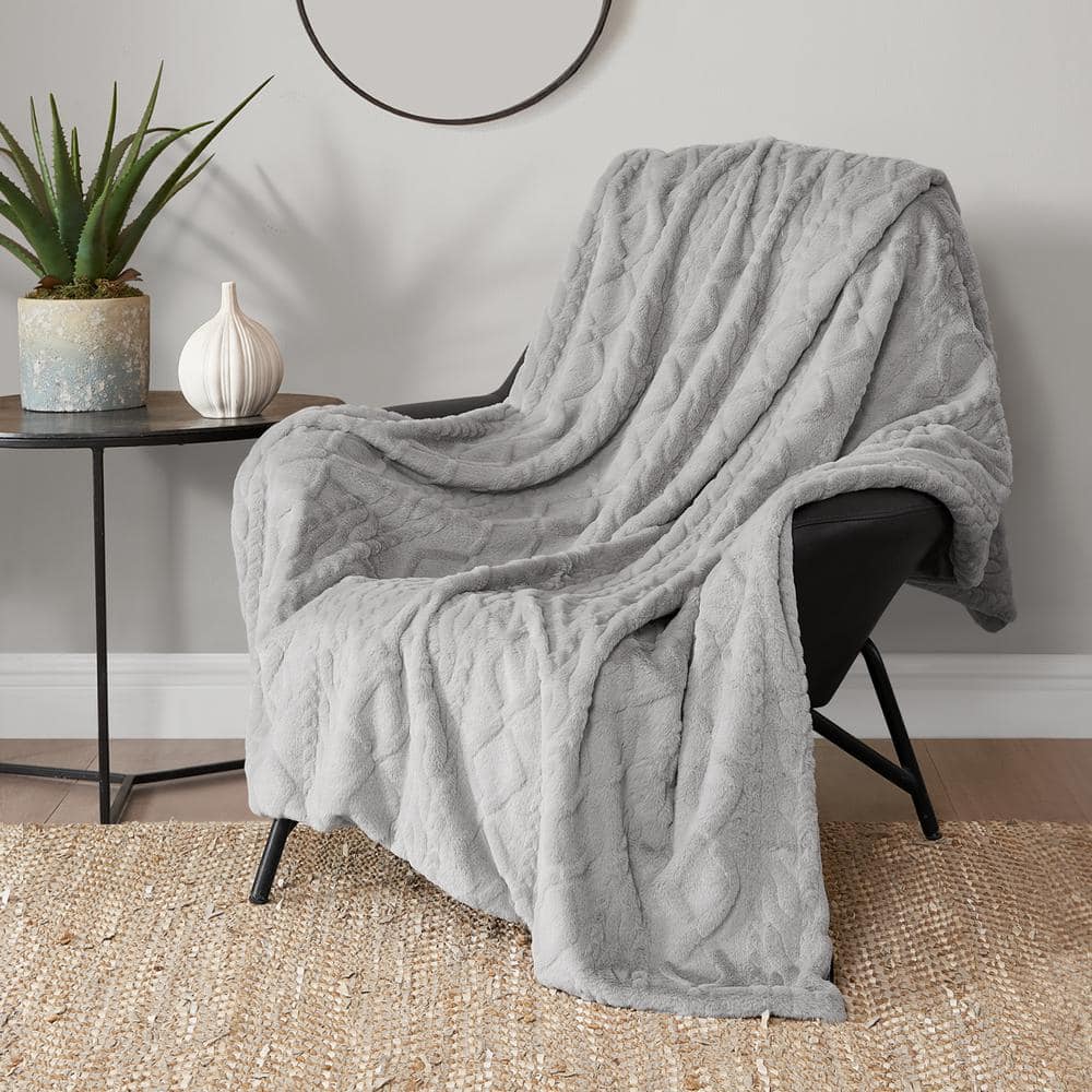 Embossed Cable Rabbit Beige 50 in. 70 in. Plush Faux Fur Throw Blanket