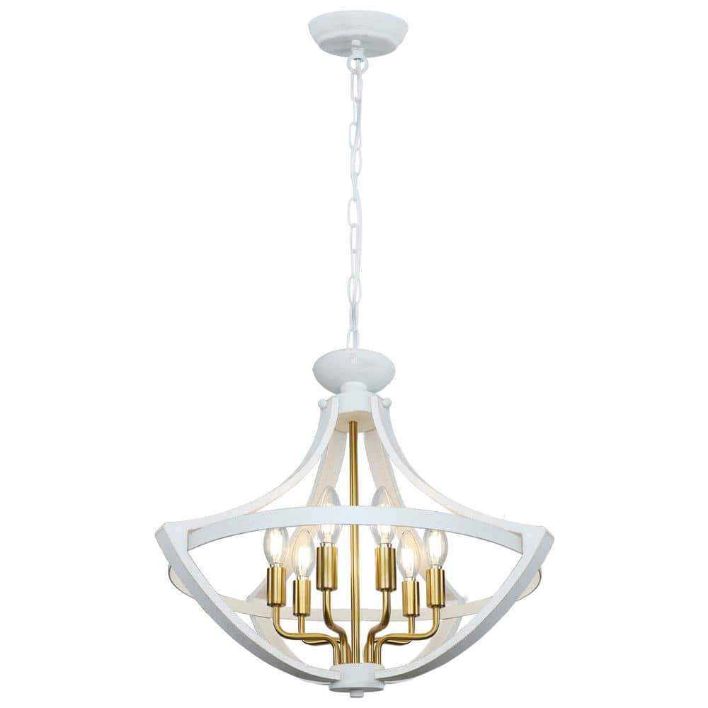 21.6 in. 6-Light Distressed White and Gold Rustic Farmhouse Wood Chandelier