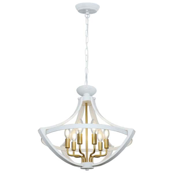 Unbranded 21.6 in. 6-Light Distressed White and Gold Rustic Farmhouse Wood Chandelier for Living Room Foyer Dining Room