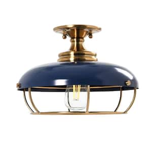 Presley - 1-Light Brushed Brass and Navy Blue Caged Metal Semi-Flush Mount Ceiling Light