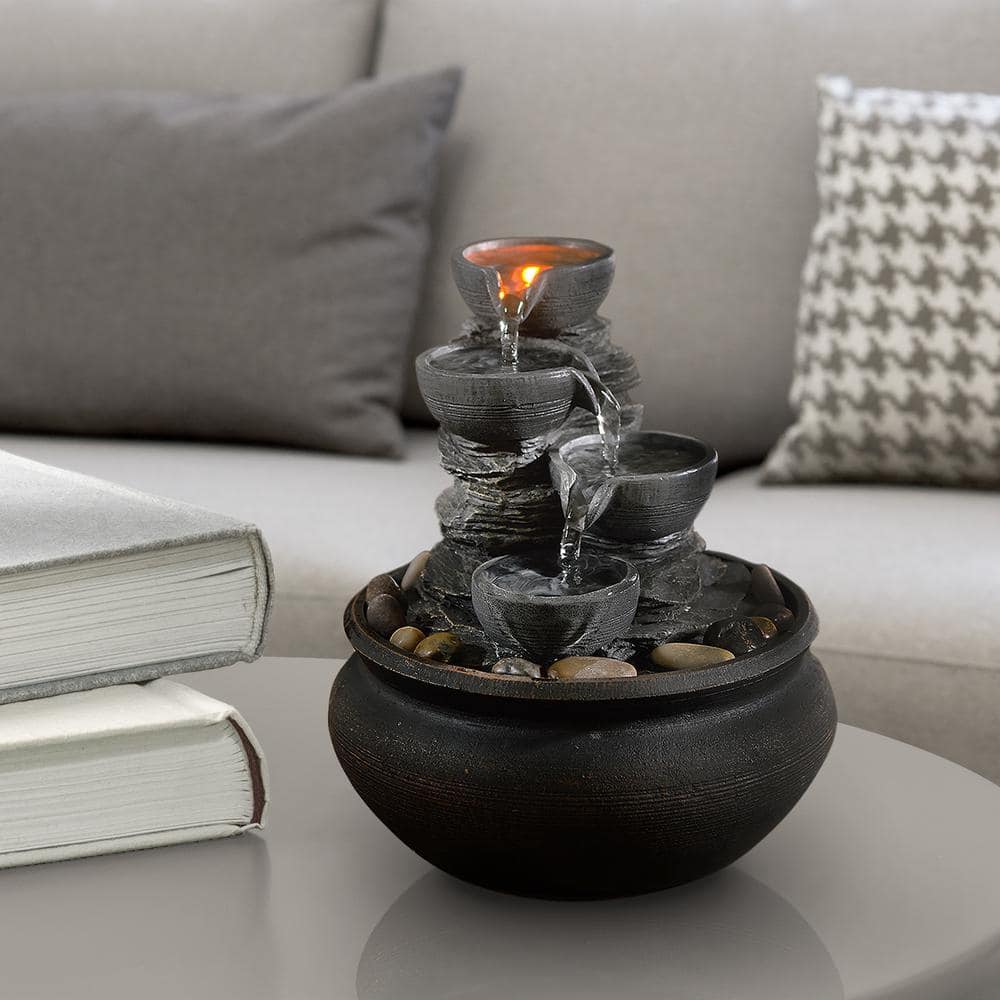 Stone Gray 4-Tier Tabletop Fountain with LED Lights