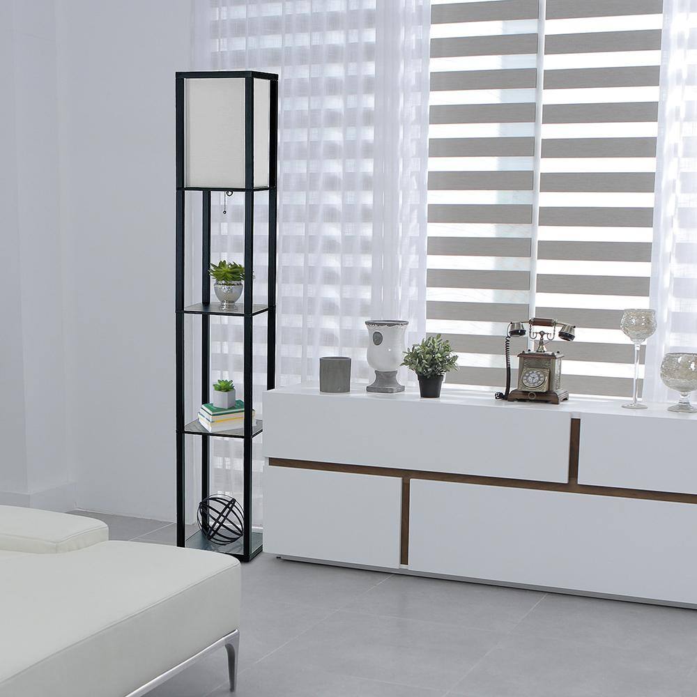 Black Rectangular Floor Lamp with Shelves and Linen Shade