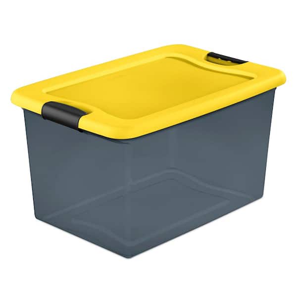 Photo 1 of 64 Qt. Latching Storage Box in Gray Tint with Yellow Lid