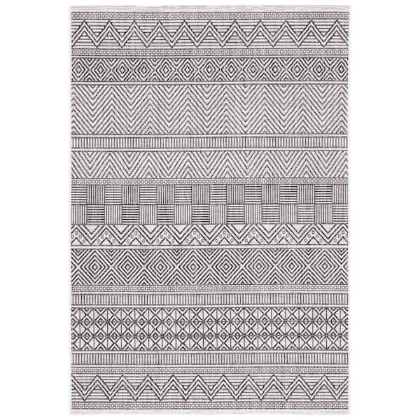Courtyard Ivory/Black 9 ft. x 12 ft. Striped Tribal Chevron Indoor/Outdoor Area Rug