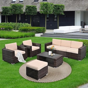 7-Pieces BrownWicker Outdoor Sectional Set with Glass Coffee Table and Brown Cushions