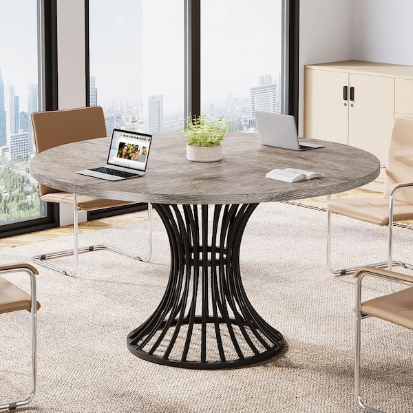 Delilah Modern Gray Black Wood 47 in. Pedestal Round Kitchen Dining Table Seats-4 Farmhouse Industrial